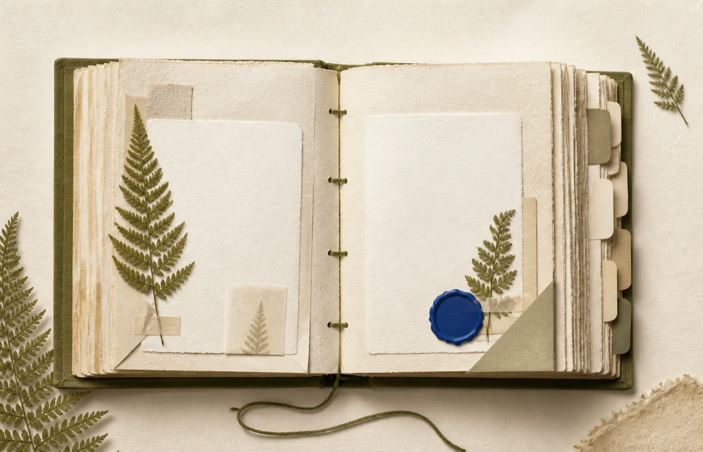 An organized archival ledger with pressed ferns and indexed pages, representing durable repository memory.