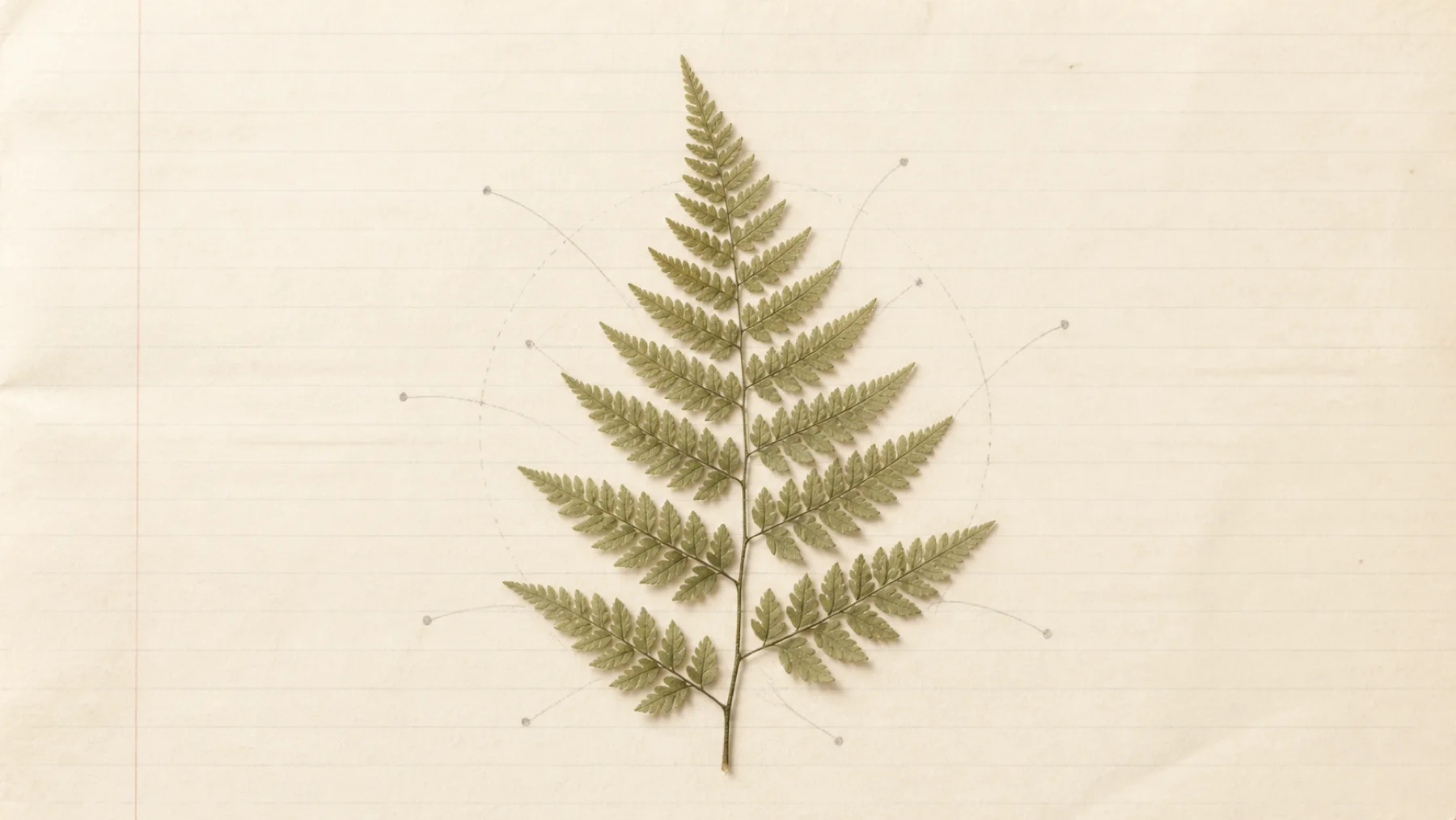 A pressed fern on archival notebook paper, representing repository knowledge that remains available over time.