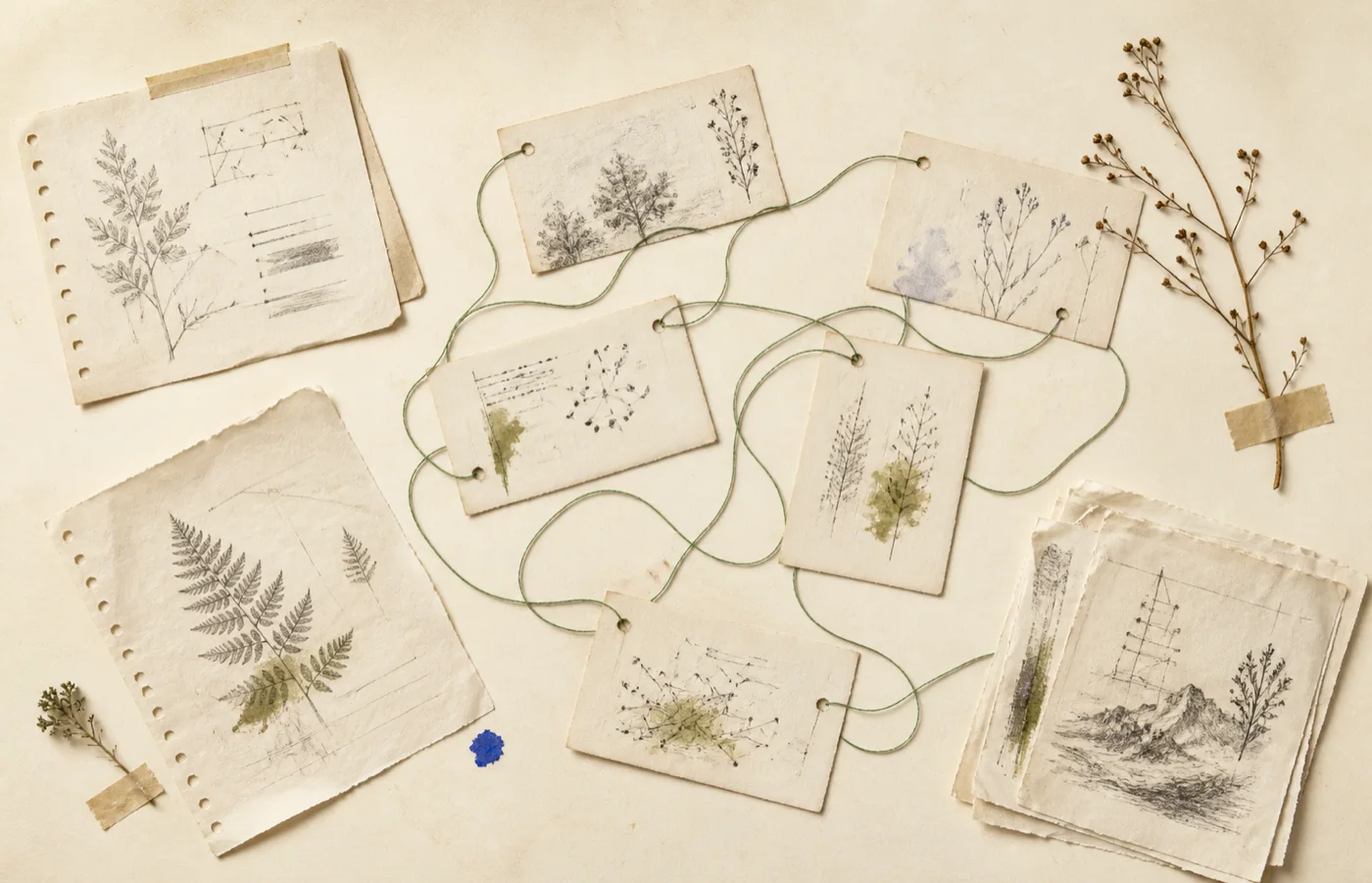 Scattered field notes connected by tangled thread, representing project context spread across sessions and files.